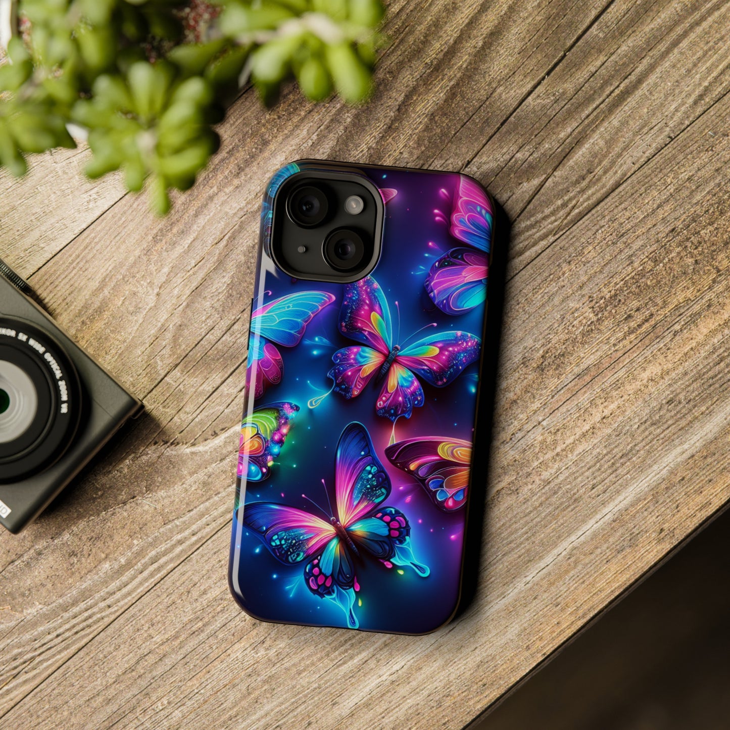"Neon Butterfly Muster" Neon Butterflies Premium Art Magsafe Magnet Tough IPhone 13 14 15 Pro Plus Max and Mini in Matte and Glossy Phone cases