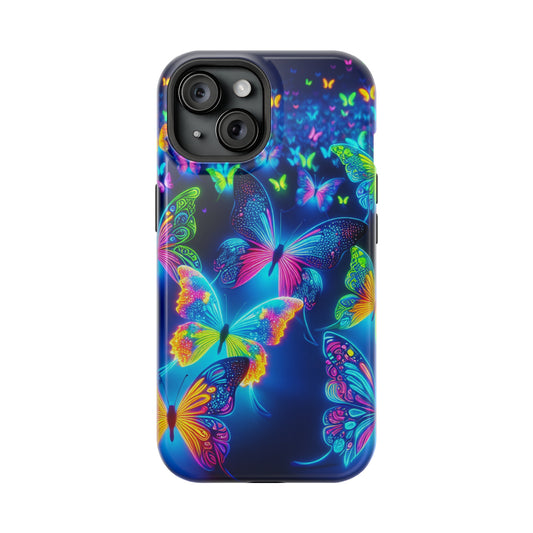 "Atmospheric Fluorescence" Neon Butterflies Premium Art Magsafe Magnet Tough IPhone 13 14 15 Pro Plus Max and Mini in Matte and Glossy Phone cases