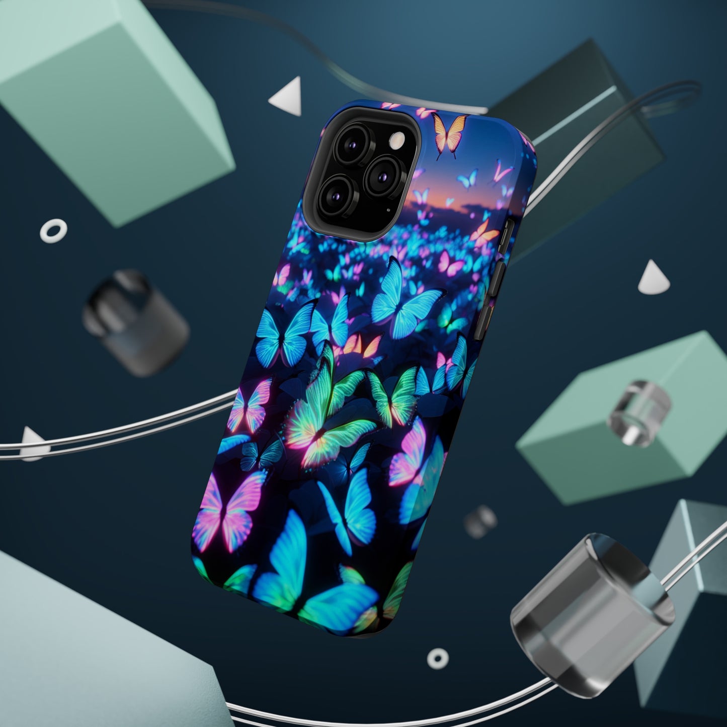 "Fantasia of Neon Butterflies" Neon Butterflies Premium Art Magsafe Magnet Tough IPhone 13 14 15 Pro Plus Max and Mini in Matte and Glossy Phone cases