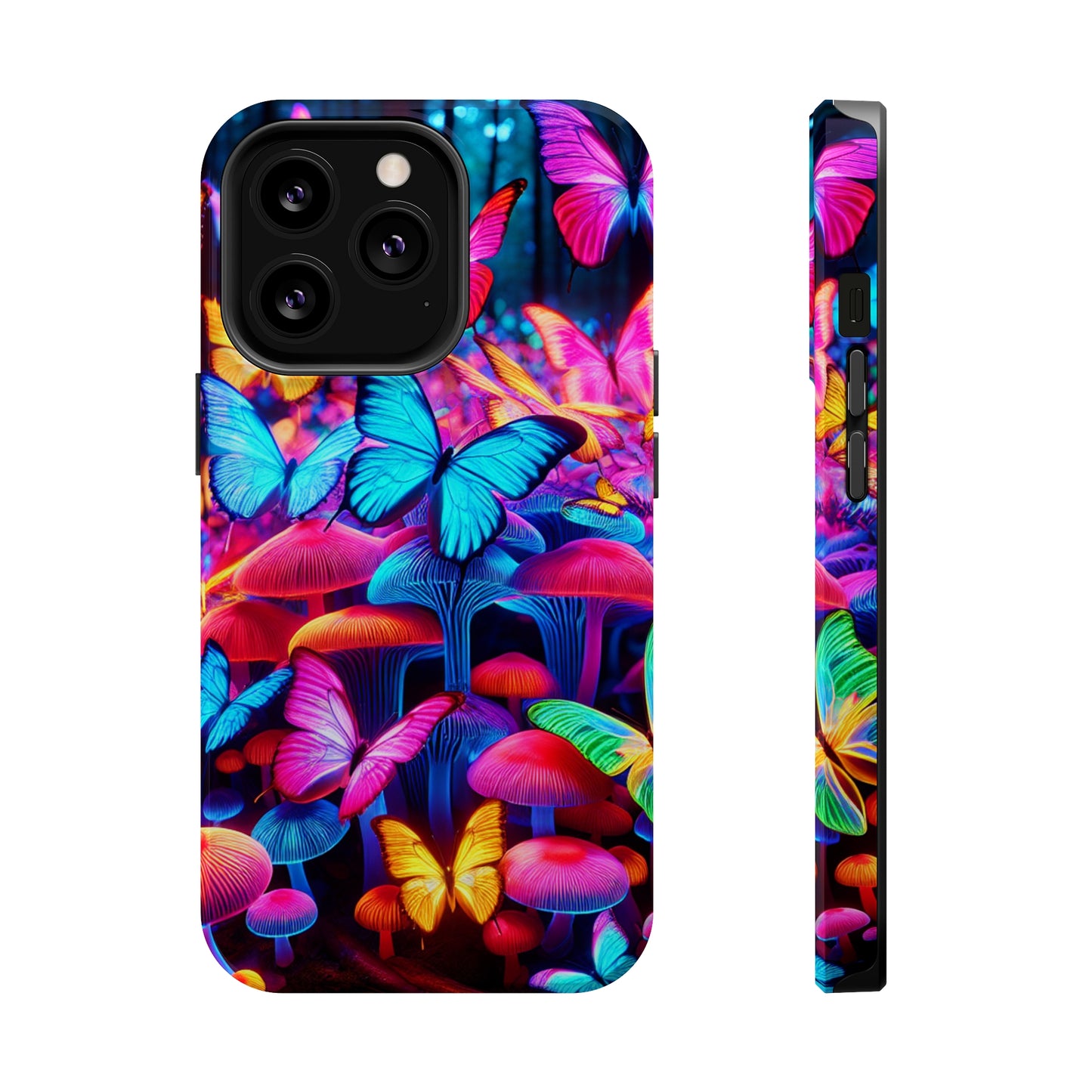 "Neon Tie-Dye Garden" Neon Butterflies and Mushrooms Premium Art Magsafe Magnet Tough IPhone 13 14 15 Pro Plus Max and Mini in Matte and Glossy Phone cases