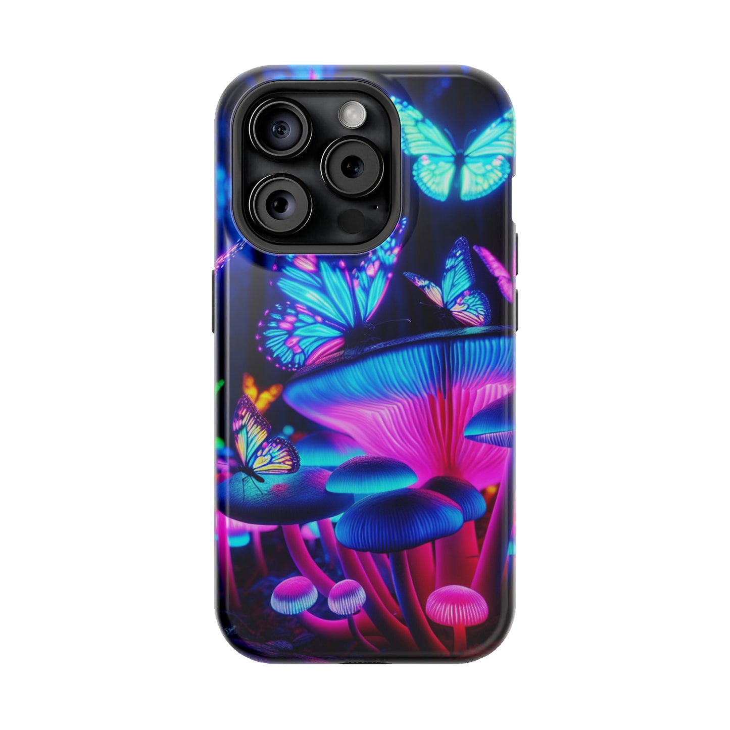 Neon Fantasy Garden Neon Butterflies and Mushrooms Premium Art Magsafe Magnet Tough IPhone 13 14 15 Pro Plus Max and Mini in Matte and Glossy Phone cases