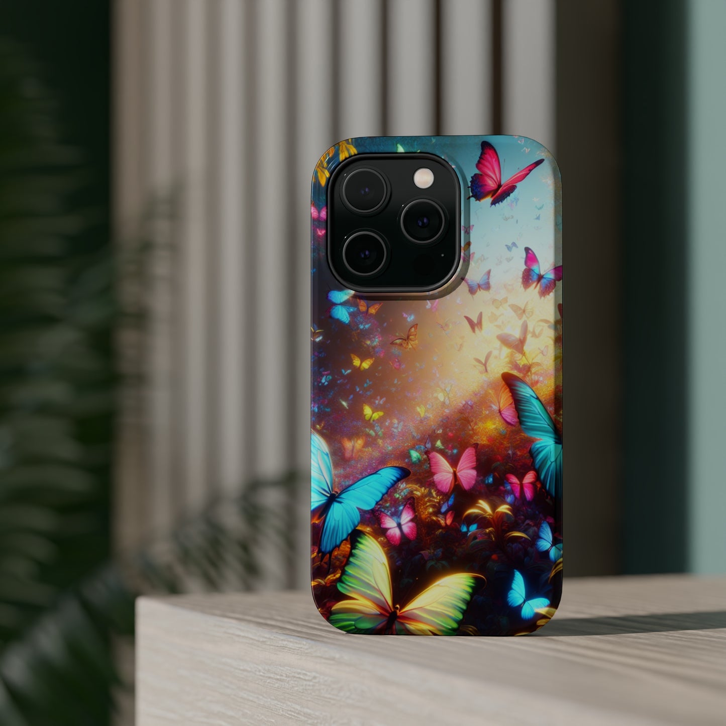 "Neon Butterfly Blooms" Neon Butterflies Premium Art Magsafe Magnet Tough IPhone 13 14 15 Pro Plus Max and Mini in Matte and Glossy Phone cases