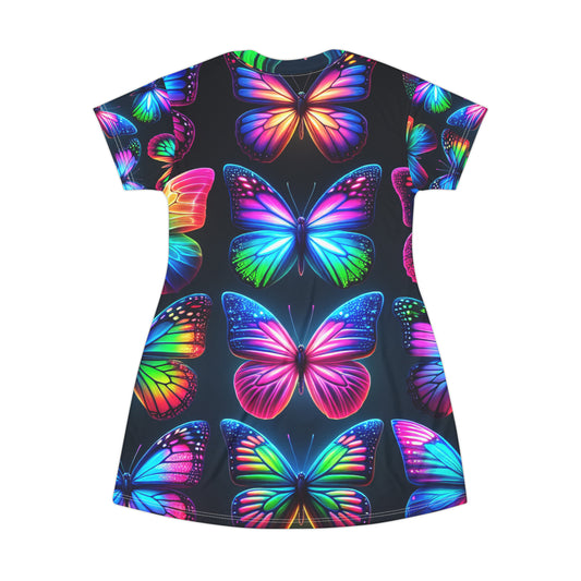 "Vivid Neon Flutter" Neon Butterflies Womans T Shirt Dress