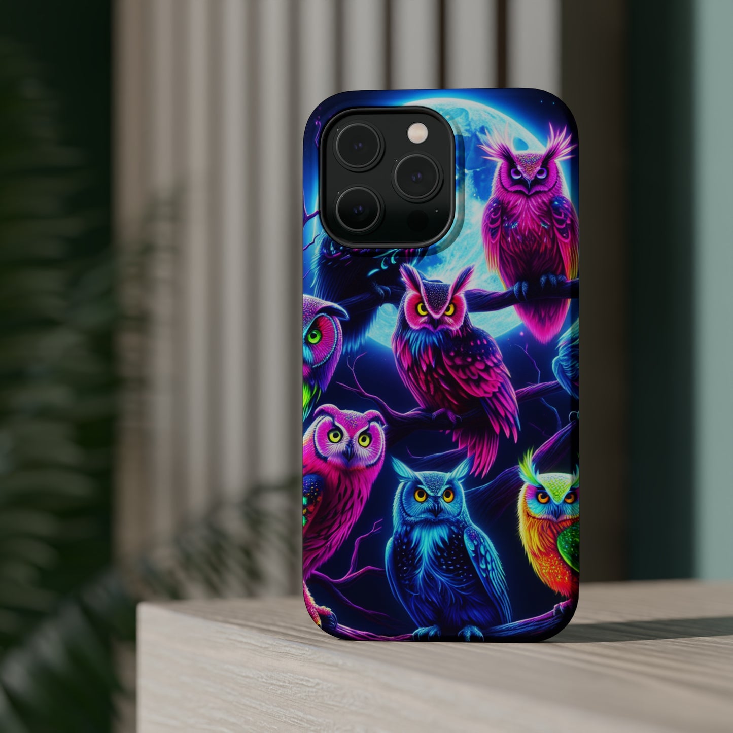 "Neon Splash of Owls" Neon Owls Premium Art Magsafe Magnet Tough IPhone 13 14 15 Pro Plus Max and Mini in Matte and Glossy Phone cases