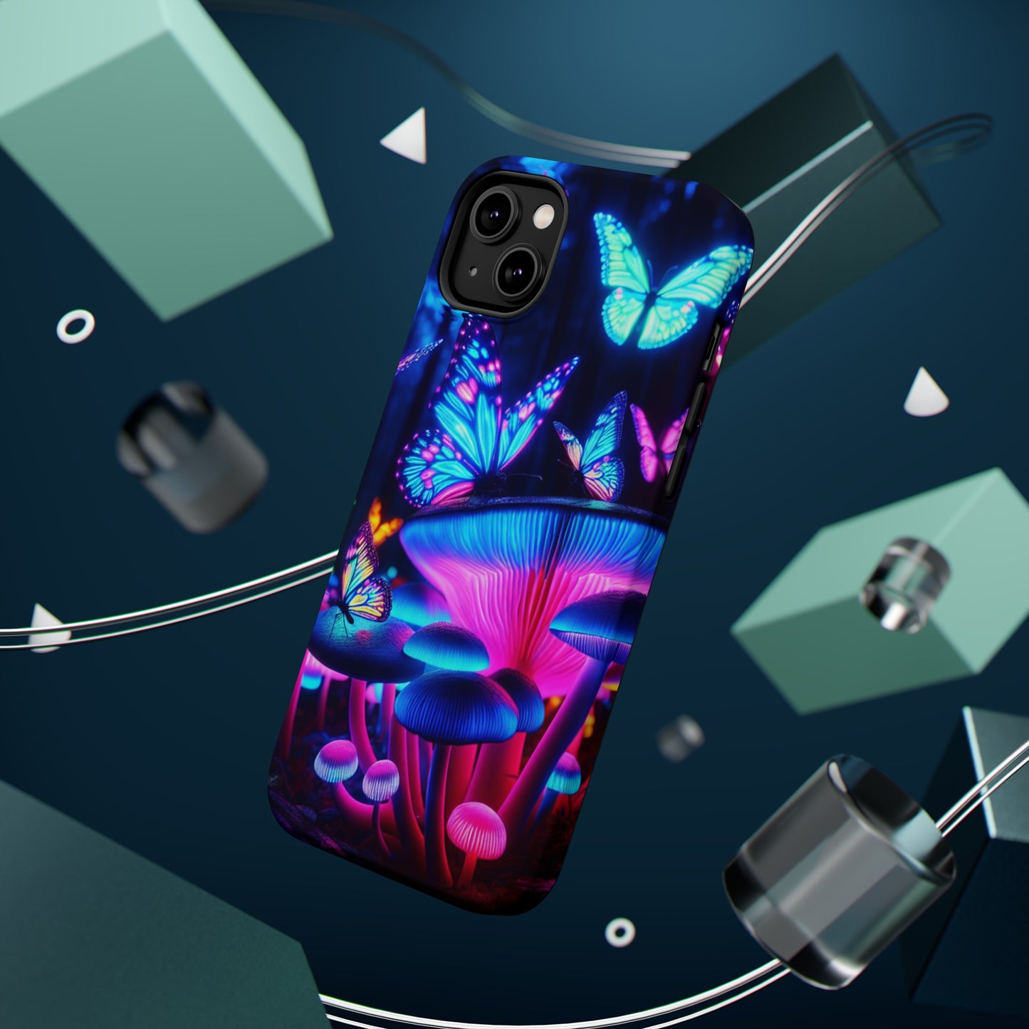 Neon Fantasy Garden Neon Butterflies and Mushrooms Premium Art Magsafe Magnet Tough IPhone 13 14 15 Pro Plus Max and Mini in Matte and Glossy Phone cases