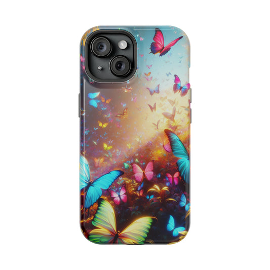 "Neon Butterfly Blooms" Neon Butterflies Premium Art Magsafe Magnet Tough IPhone 13 14 15 Pro Plus Max and Mini in Matte and Glossy Phone cases