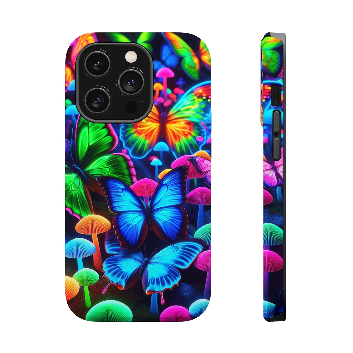 "Fantastic Fruition" Neon Butterflies and Mushrooms Premium Art Magsafe Magnet Tough IPhone 13 14 15 Pro Plus Max and Mini in Matte and Glossy Phone cases