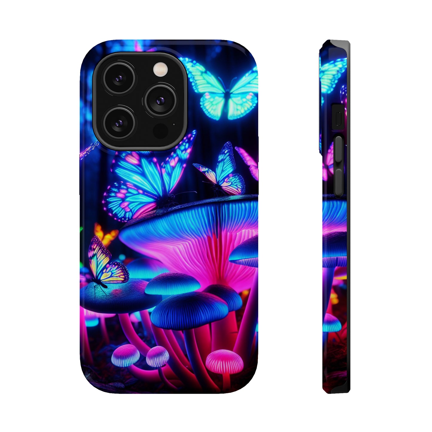 Neon Fantasy Garden Neon Butterflies and Mushrooms Premium Art Magsafe Magnet Tough IPhone 13 14 15 Pro Plus Max and Mini in Matte and Glossy Phone cases