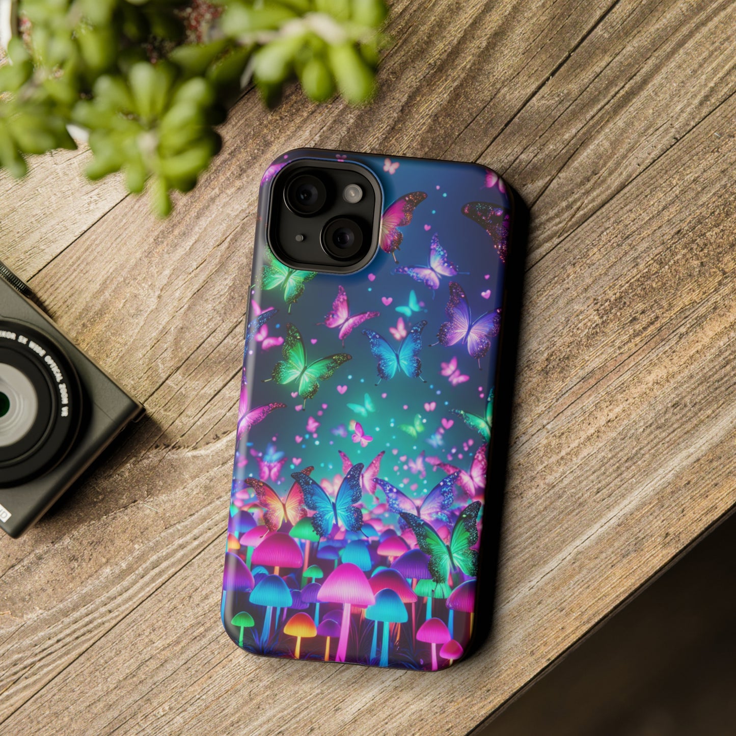 Neon Eden. Neon Butterflies and Mushrooms Premium Art Magsafe Magnet Tough IPhone 13 14 15 Pro Plus Max and Mini in Matte and Glossy Phone cases