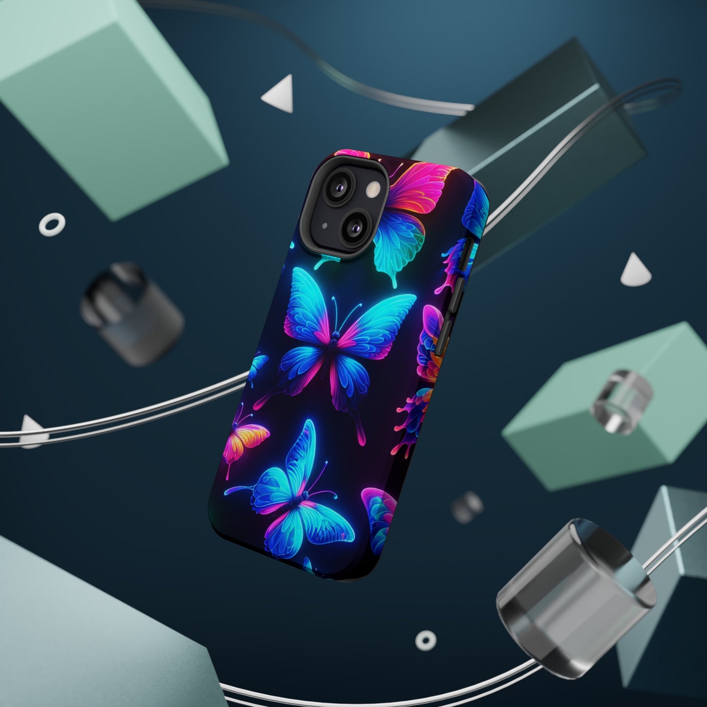 "Neon Flight Frenzy" Neon Butterflies Premium Art Magsafe Magnet Tough IPhone 13 14 15 Pro Plus Max and Mini in Matte and Glossy Phone cases