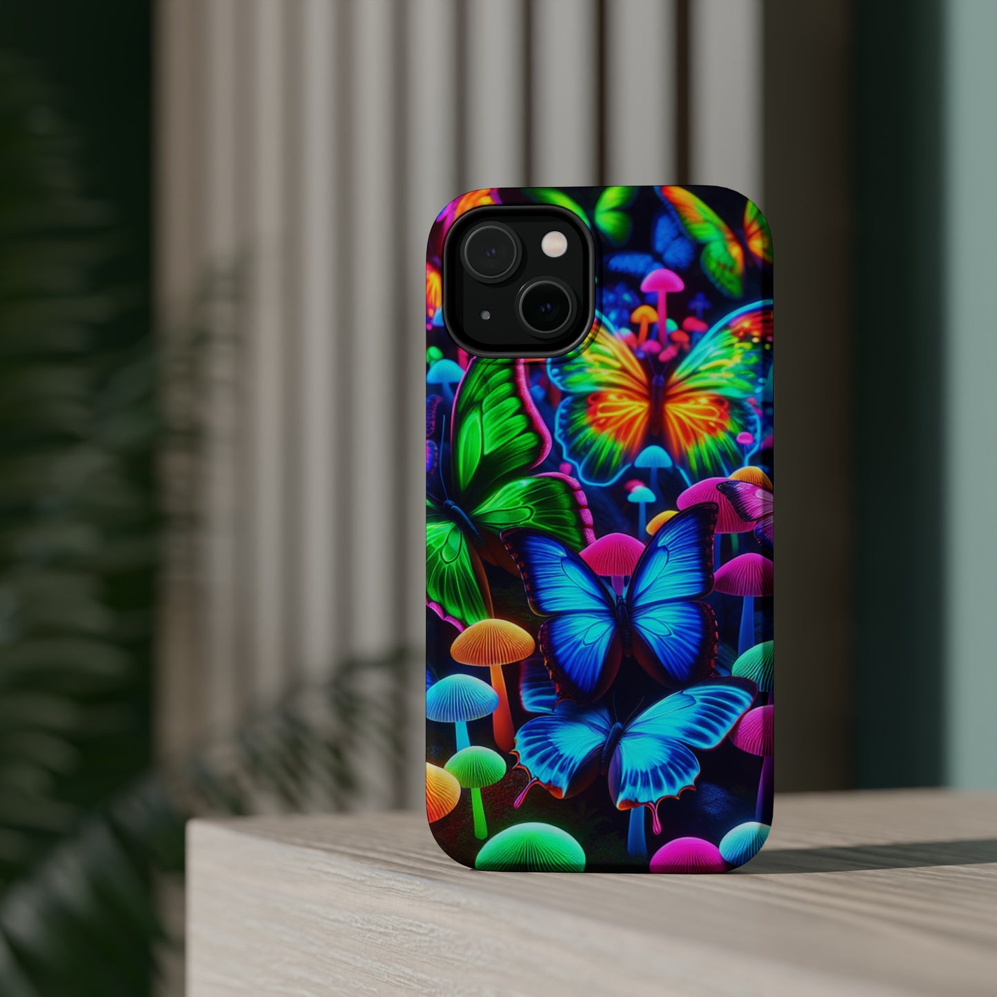 "Fantastic Fruition" Neon Butterflies and Mushrooms Premium Art Magsafe Magnet Tough IPhone 13 14 15 Pro Plus Max and Mini in Matte and Glossy Phone cases