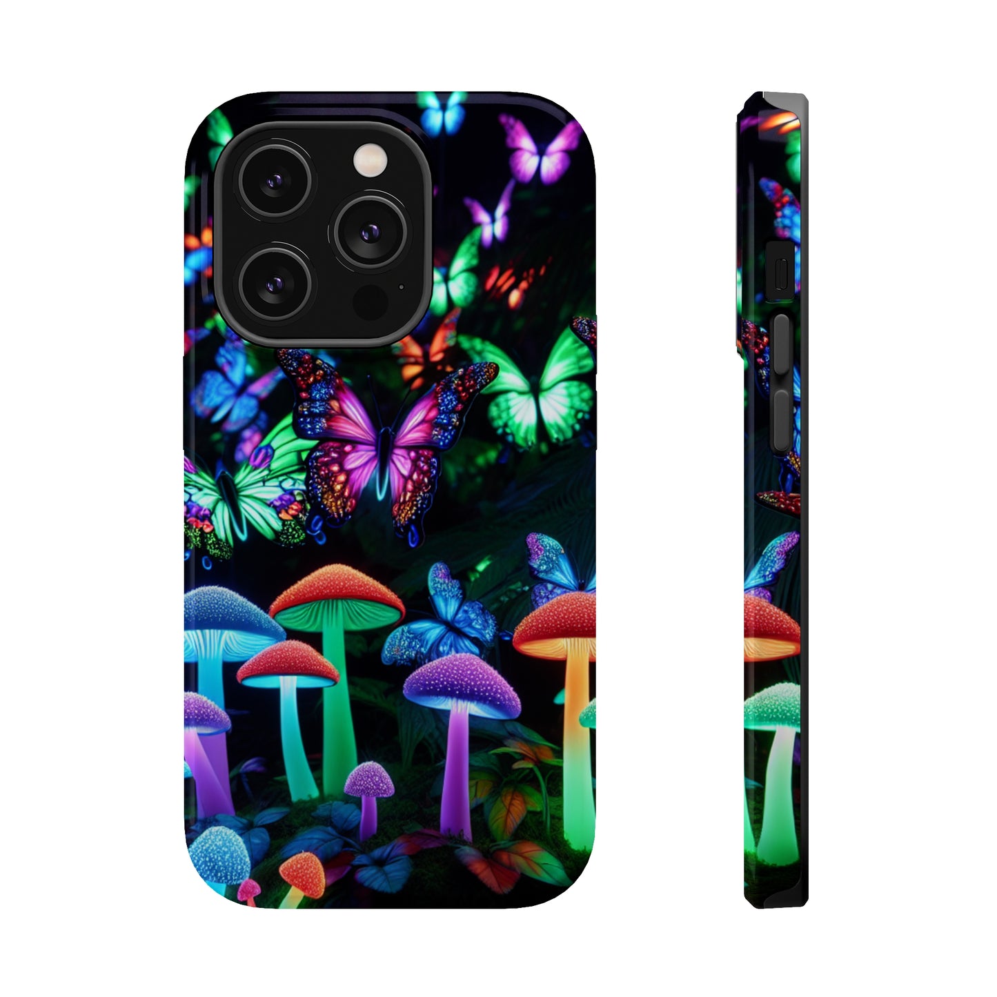 "Neon Burst Wonderland". Neon Butterflies and Mushrooms Premium Art Magsafe Magnet Tough IPhone 13 14 15 Pro Plus Max and Mini in Matte and Glossy Phone cases