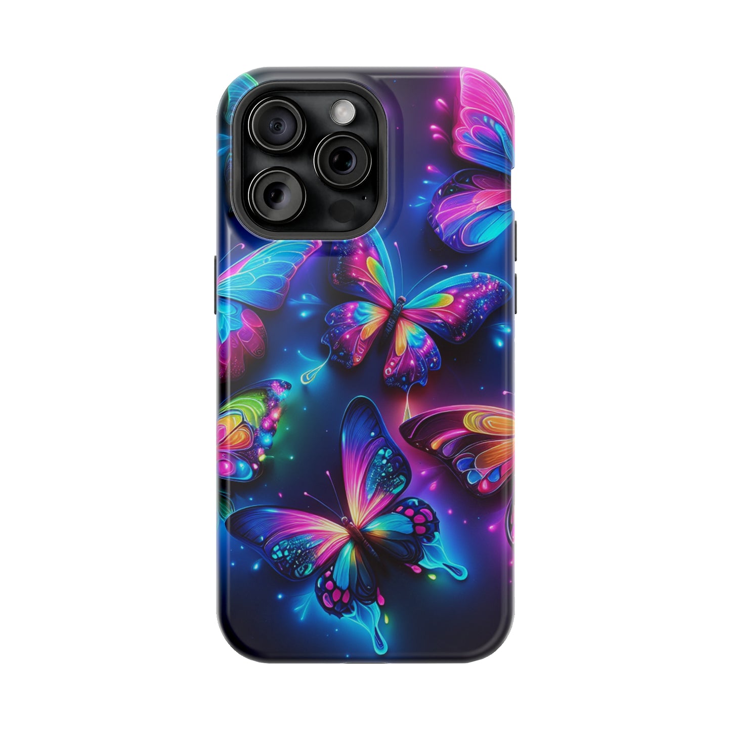 "Neon Butterfly Muster" Neon Butterflies Premium Art Magsafe Magnet Tough IPhone 13 14 15 Pro Plus Max and Mini in Matte and Glossy Phone cases