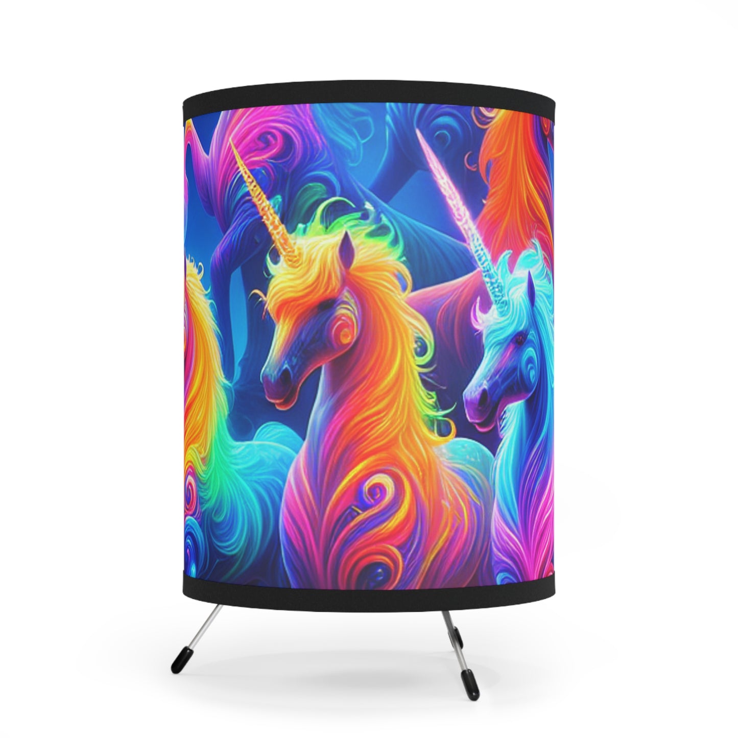 "Celestial Light: The Neon Unicorn Tribe" - NEON Unicorns Art Tripod Lamp