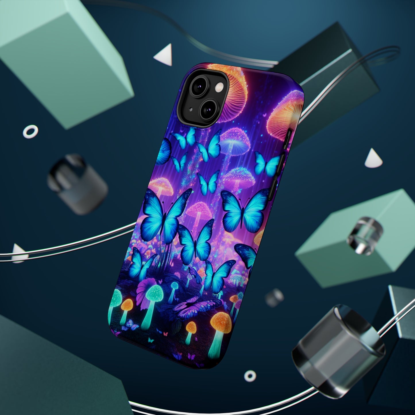 Neon Delight Landscape Neon Butterflies and Mushrooms Premium Art Magsafe Magnet Tough IPhone 13 14 15 Pro Plus Max and Mini in Matte and Glossy Phone cases