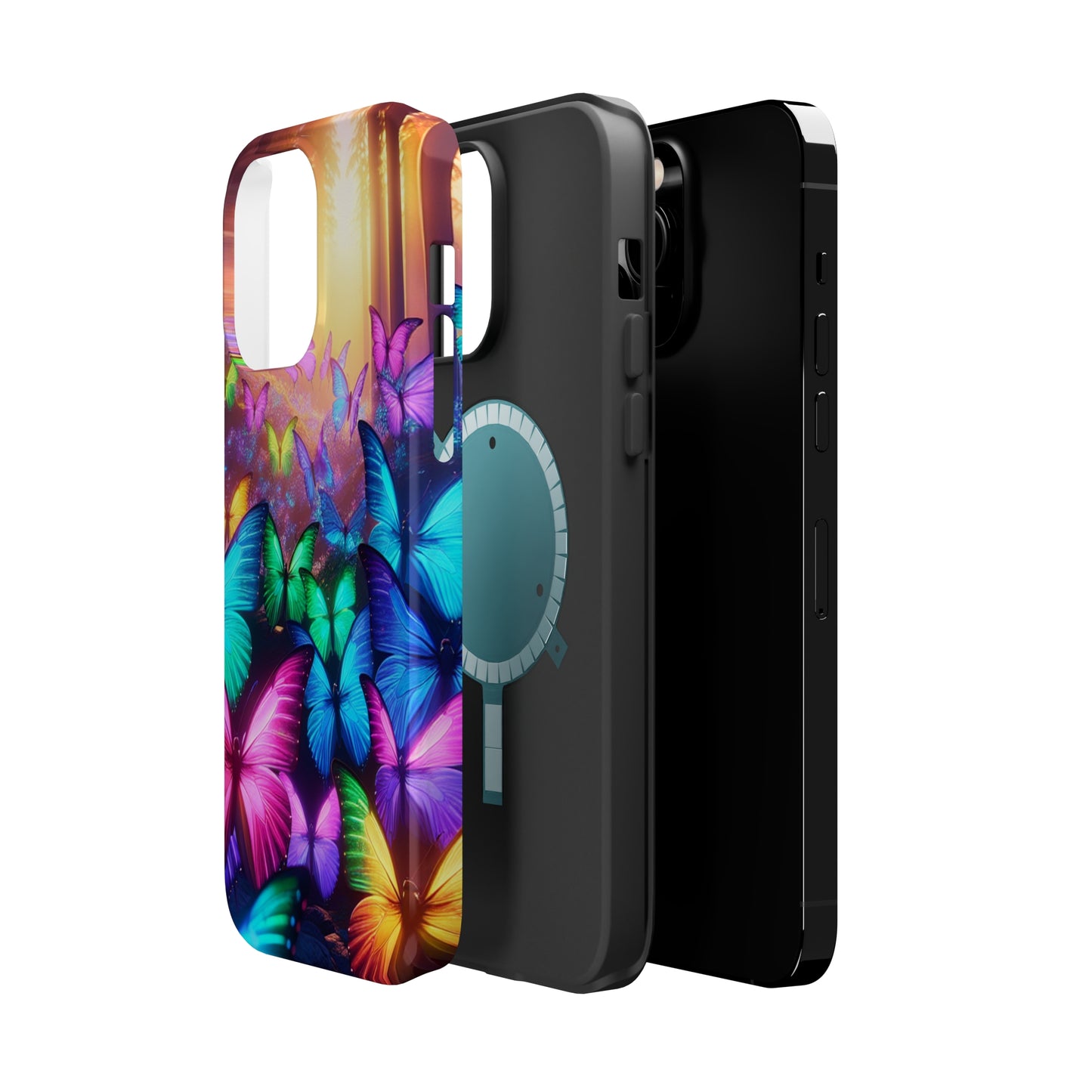 "Radiant Glowing Flight" Neon Butterflies Premium Art Magsafe Magnet Tough IPhone 13 14 15 Pro Plus Max and Mini in Matte and Glossy Phone cases