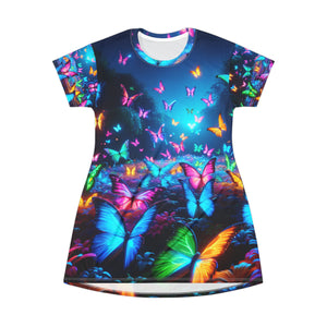 "Neon Butterflies in Bloom" Neon Butterflies Womans T Shirt Dress