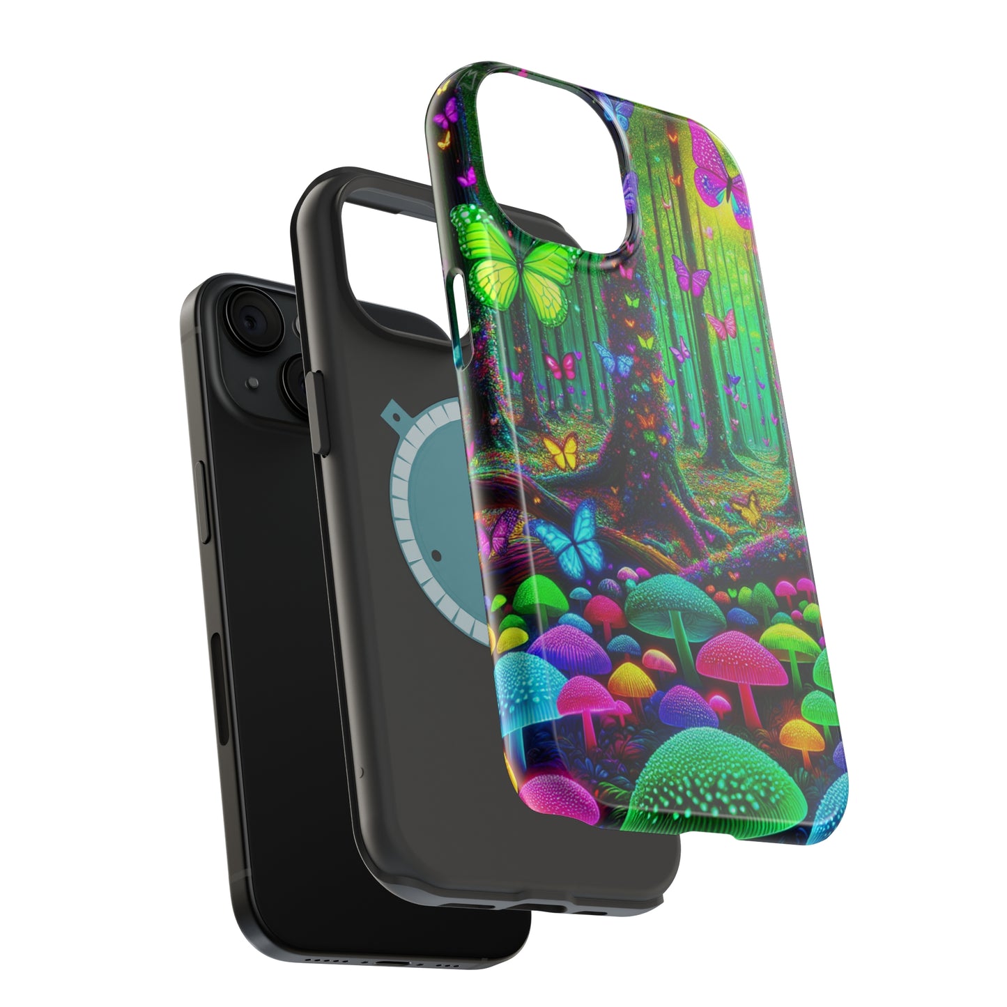 "Neon Garden Symphony". Neon Butterflies and Mushrooms Premium Art Magsafe Magnet Tough IPhone 13 14 15 Pro Plus Max and Mini in Matte and Glossy Phone cases