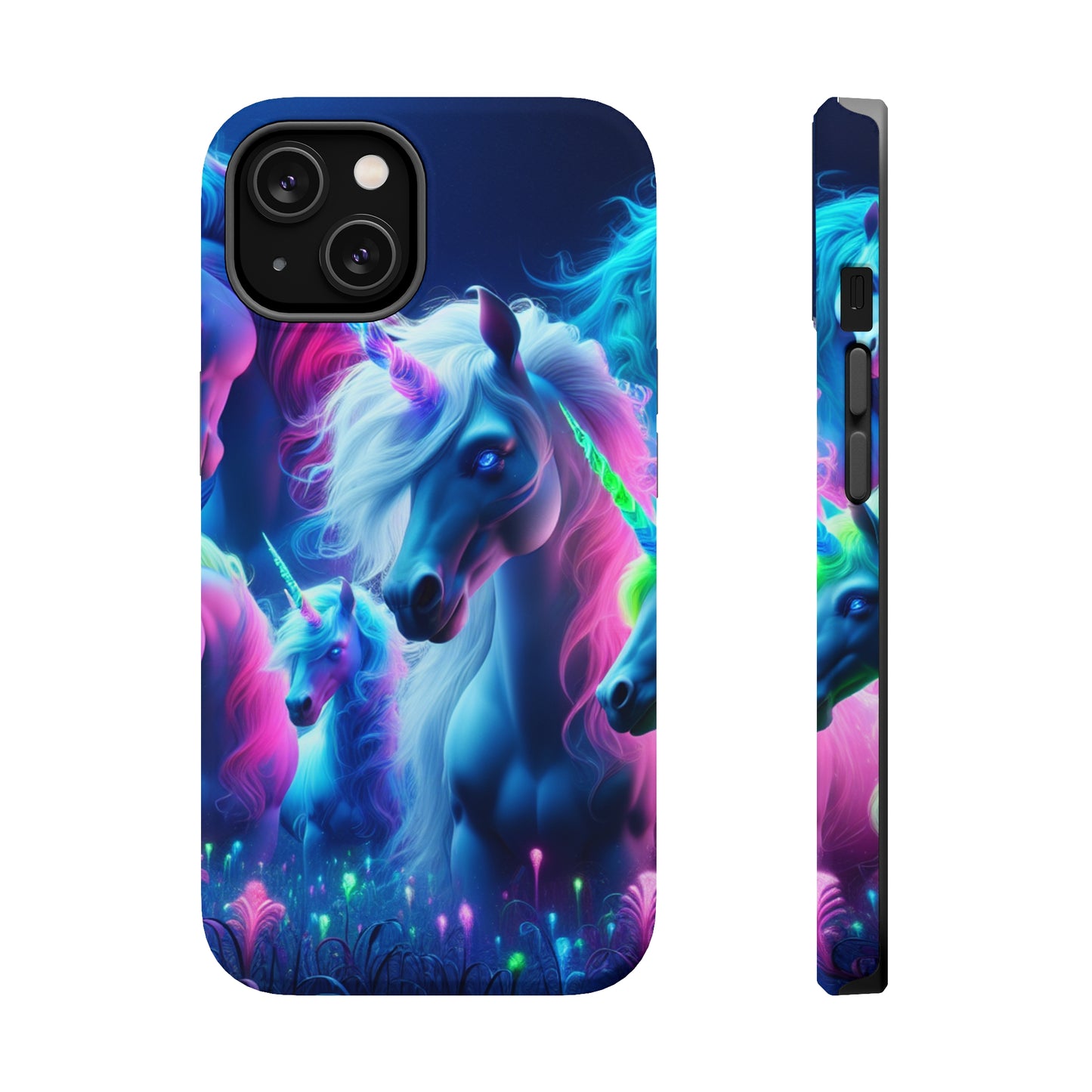"Unicorn Flux-scape" Neon Unicorns Premium Art Magsafe Magnet Tough IPhone 13 14 15 Pro Plus Max and Mini in Matte and Glossy Phone cases