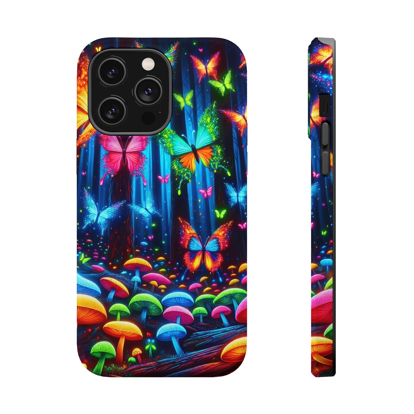 Neon Fantasia. Neon Butterflies and Mushrooms Premium Art Magsafe Magnet Tough IPhone 13 14 15 Pro Plus Max and Mini in Matte and Glossy Phone cases