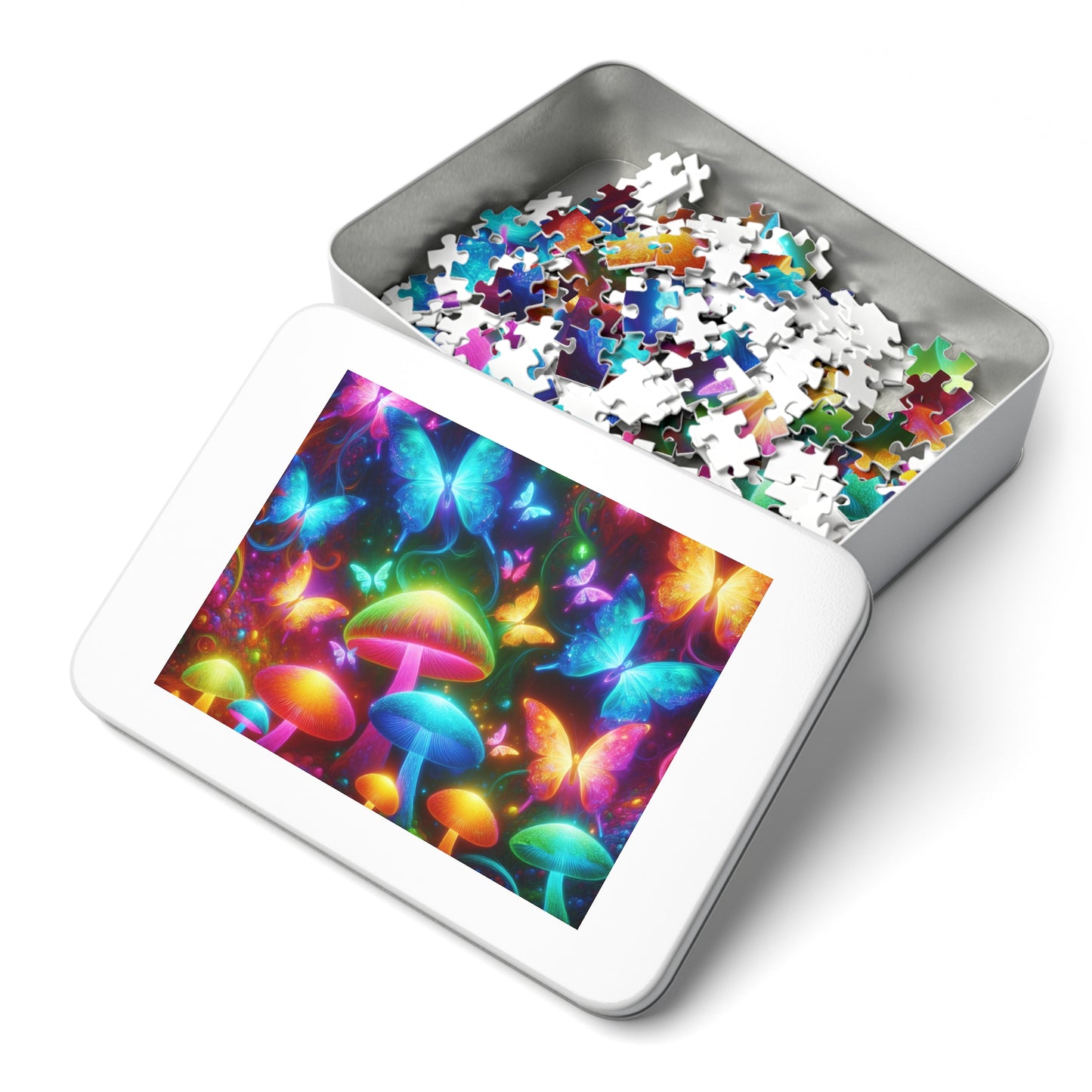 Neon Fluttergleam. - Neon Butterflies and Mushrooms Puzzle 30, 110, 252, and 1000 Pieces