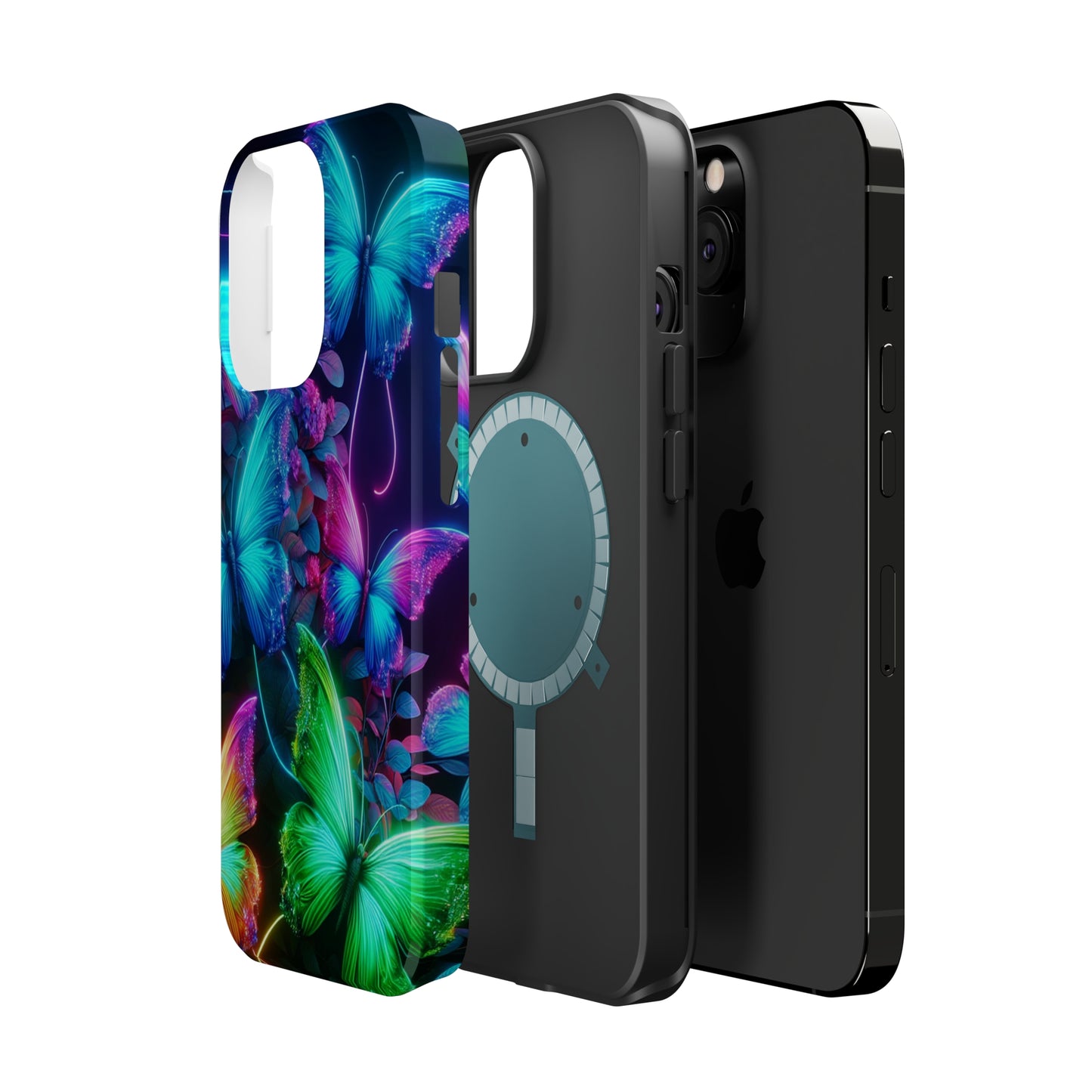 Neon Flutter Symphony Neon Butterflies Premium Art Magsafe Magnet Tough IPhone 13 14 15 Pro Plus Max and Mini in Matte and Glossy Phone cases