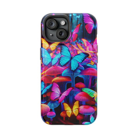 "Neon Tie-Dye Garden" Neon Butterflies and Mushrooms Premium Art Magsafe Magnet Tough IPhone 13 14 15 Pro Plus Max and Mini in Matte and Glossy Phone cases