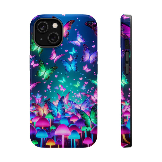 Neon Eden. Neon Butterflies and Mushrooms Premium Art Magsafe Magnet Tough IPhone 13 14 15 Pro Plus Max and Mini in Matte and Glossy Phone cases