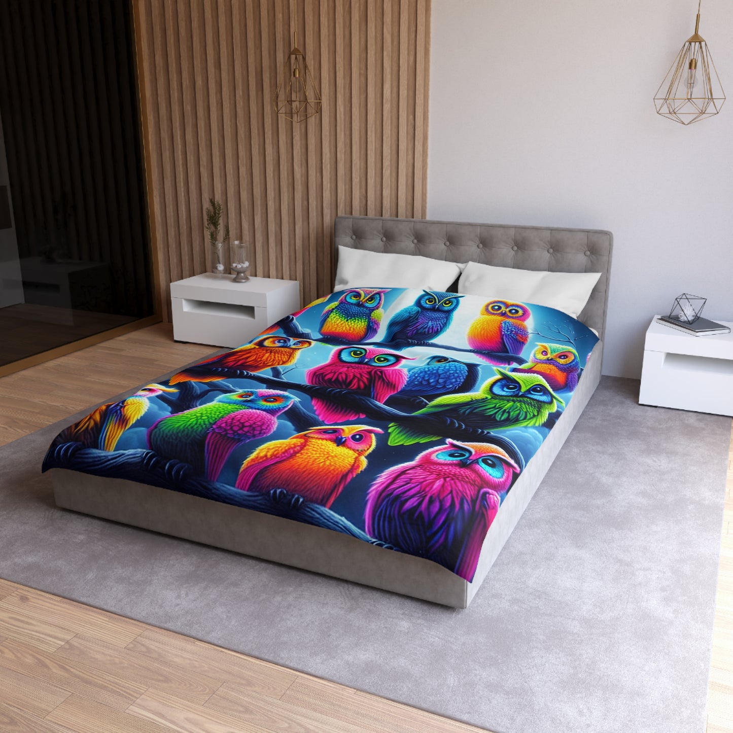 Felipeo da Pintorelli - NEON Owls Microfiber Duvet Cover