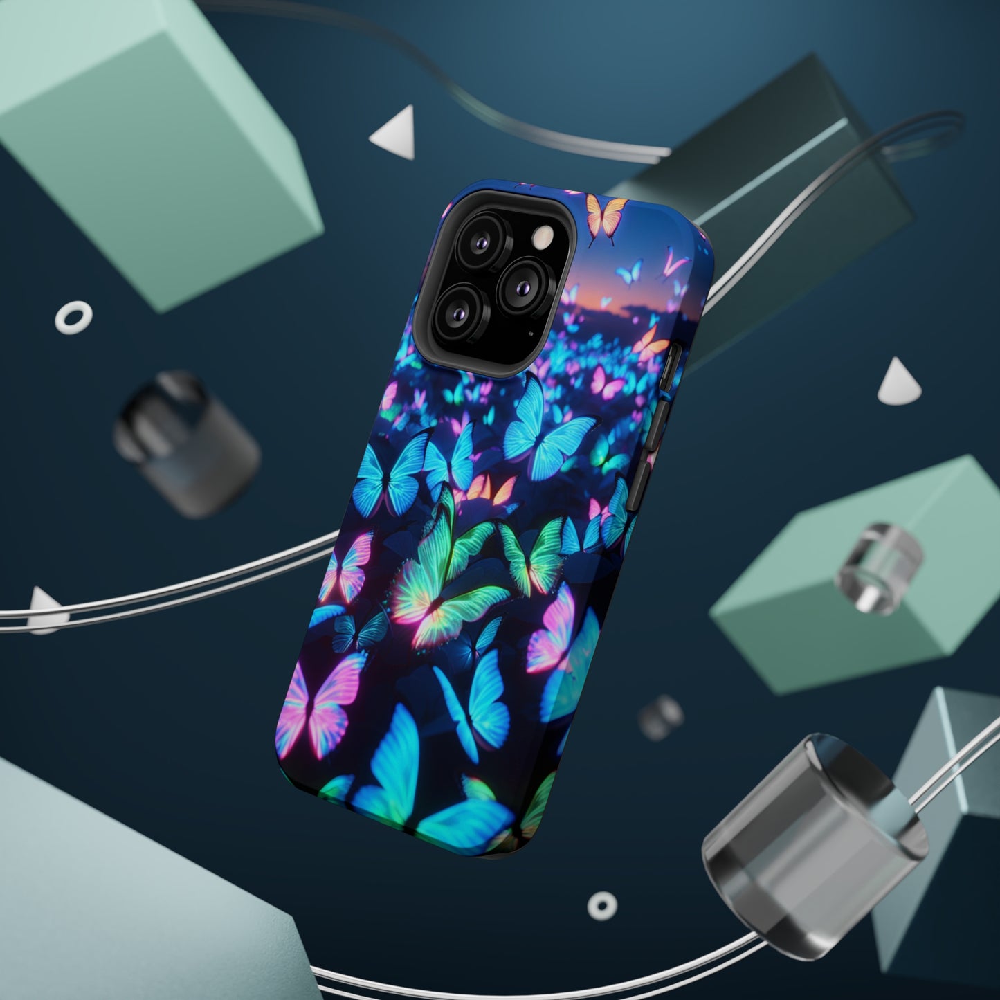 "Fantasia of Neon Butterflies" Neon Butterflies Premium Art Magsafe Magnet Tough IPhone 13 14 15 Pro Plus Max and Mini in Matte and Glossy Phone cases