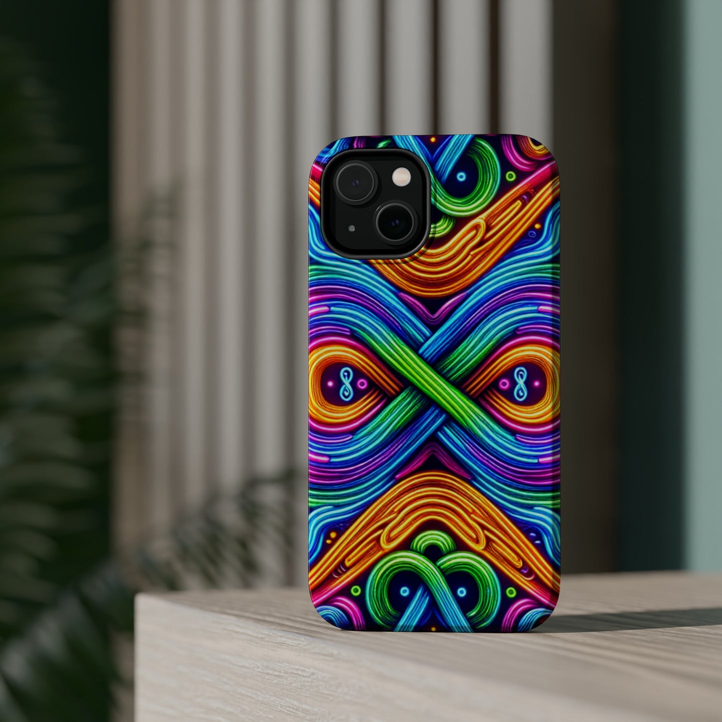 Cosmic Neon Infinity Spectacular. Neon Trippy Infinity Patterns Premium Art Magsafe Magnet Tough IPhone 13 14 15 Pro Plus Max and Mini in Matte and Glossy Phone cases