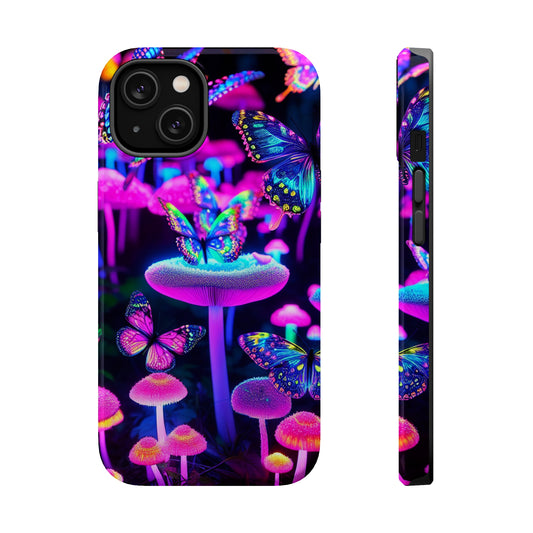 "Neon Gloomsprite Dance" Neon Butterflies and Mushrooms Premium Art Magsafe Magnet Tough IPhone 13 14 15 Pro Plus Max and Mini in Matte and Glossy Phone cases
