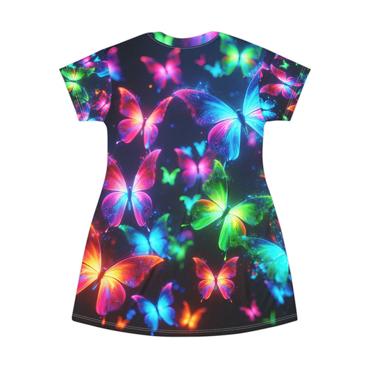 "Aurora Borealis Flutterby" Neon Butterflies Womans T Shirt Dress