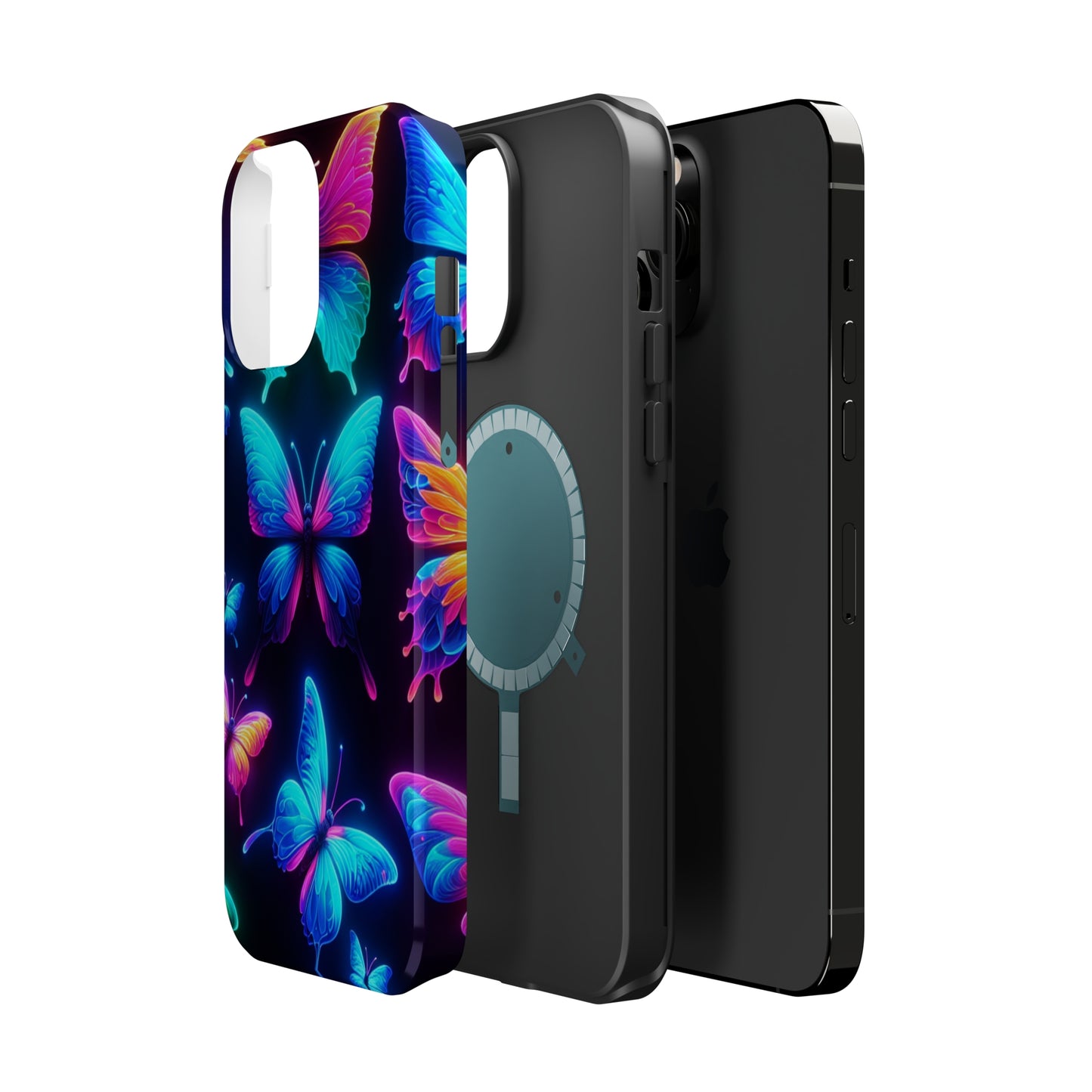 "Neon Flight Frenzy" Neon Butterflies Premium Art Magsafe Magnet Tough IPhone 13 14 15 Pro Plus Max and Mini in Matte and Glossy Phone cases