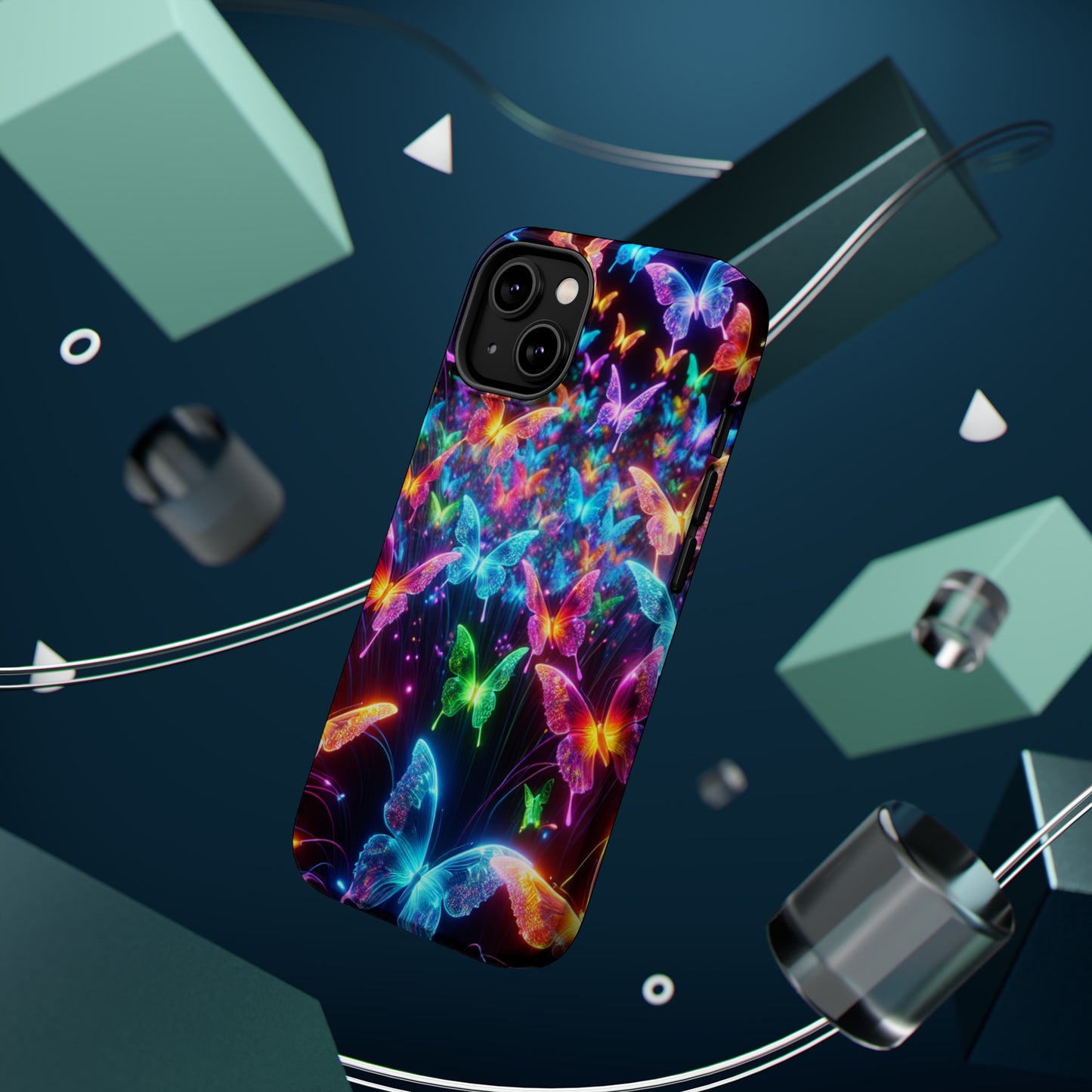 "Neon Flutterburst" Neon Butterflies Premium Art Magsafe Magnet Tough IPhone 13 14 15 Pro Plus Max and Mini in Matte and Glossy Phone cases