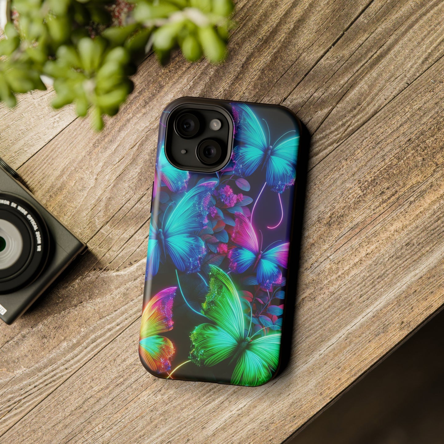 Neon Flutter Symphony Neon Butterflies Premium Art Magsafe Magnet Tough IPhone 13 14 15 Pro Plus Max and Mini in Matte and Glossy Phone cases