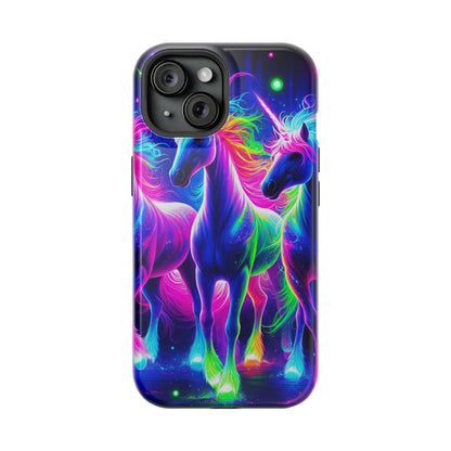 "Uni-Neon Fantasy" Neon Unicorns Premium Art Magsafe Magnet Tough IPhone 13 14 15 Pro Plus Max and Mini in Matte and Glossy Phone cases