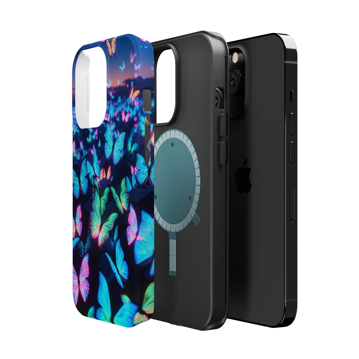 "Fantasia of Neon Butterflies" Neon Butterflies Premium Art Magsafe Magnet Tough IPhone 13 14 15 Pro Plus Max and Mini in Matte and Glossy Phone cases