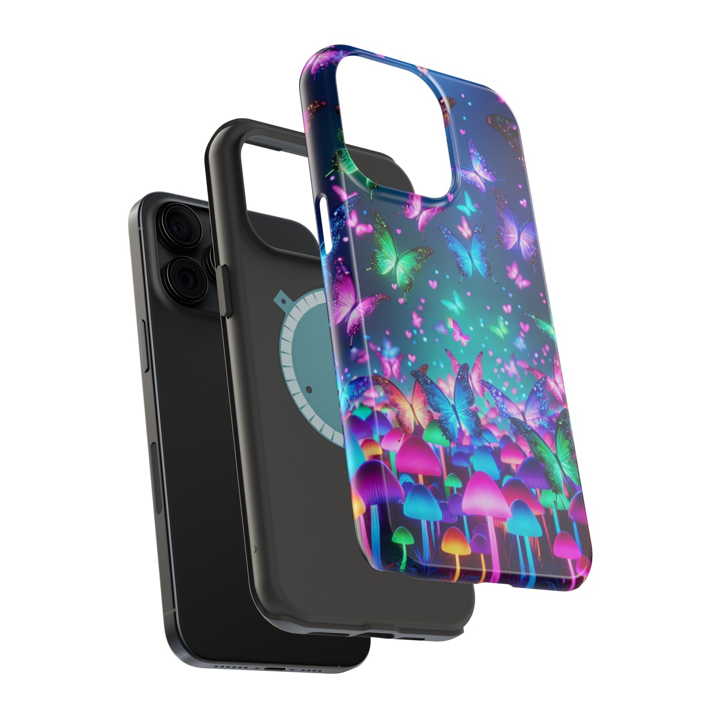Neon Eden. Neon Butterflies and Mushrooms Premium Art Magsafe Magnet Tough IPhone 13 14 15 Pro Plus Max and Mini in Matte and Glossy Phone cases