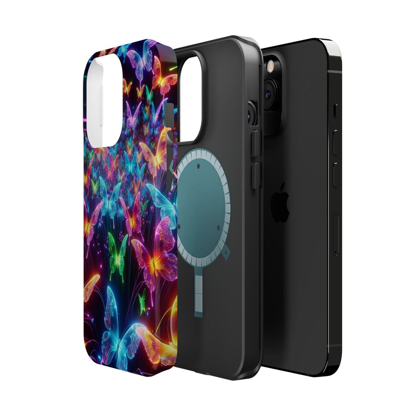 "Neon Flutterburst" Neon Butterflies Premium Art Magsafe Magnet Tough IPhone 13 14 15 Pro Plus Max and Mini in Matte and Glossy Phone cases