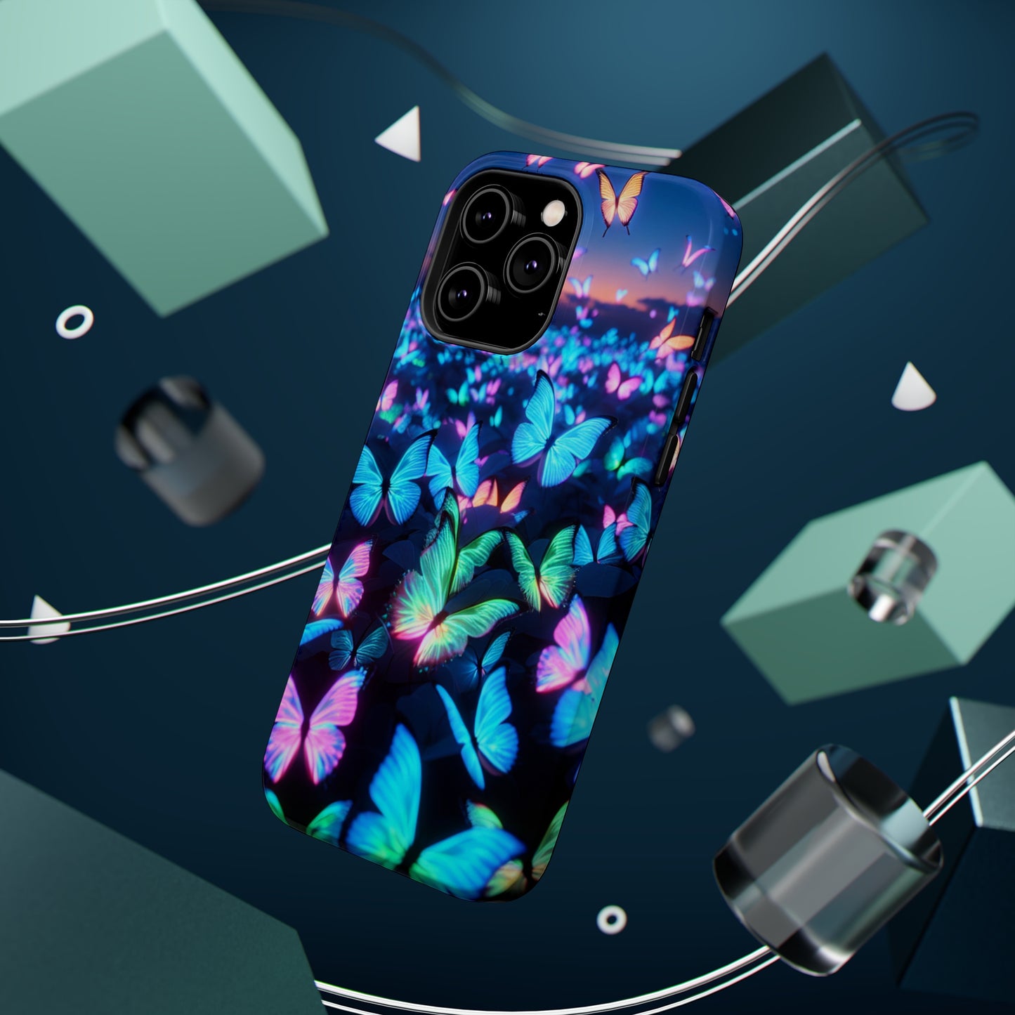 "Fantasia of Neon Butterflies" Neon Butterflies Premium Art Magsafe Magnet Tough IPhone 13 14 15 Pro Plus Max and Mini in Matte and Glossy Phone cases