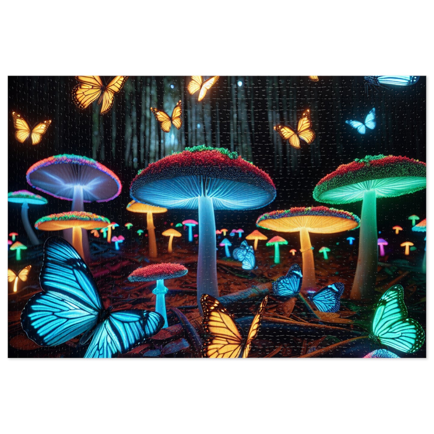 Neon Butterflydreamscape - Neon Butterflies and Mushrooms Puzzle 30, 110, 252, and 1000 Pieces