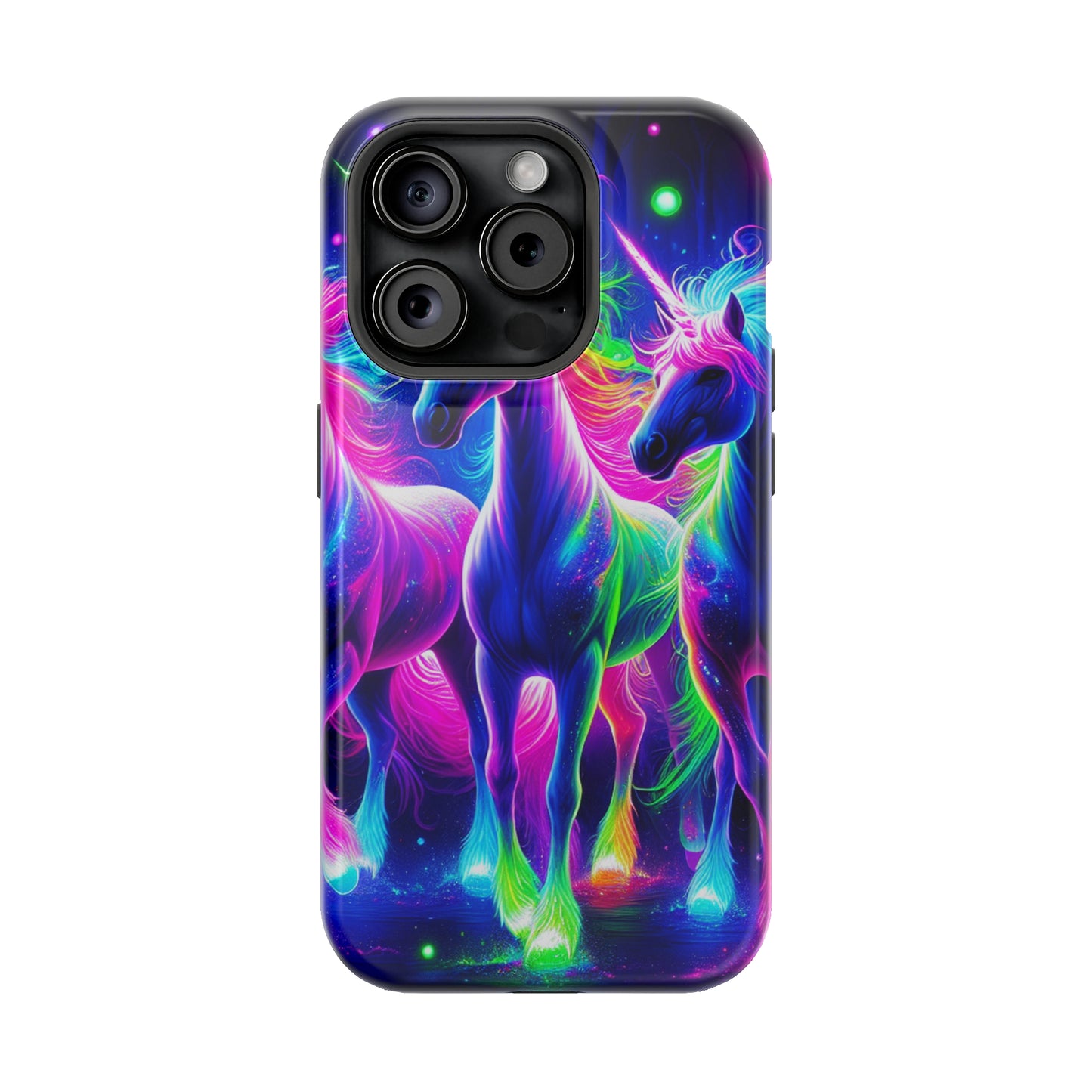 "Uni-Neon Fantasy" Neon Unicorns Premium Art Magsafe Magnet Tough IPhone 13 14 15 Pro Plus Max and Mini in Matte and Glossy Phone cases