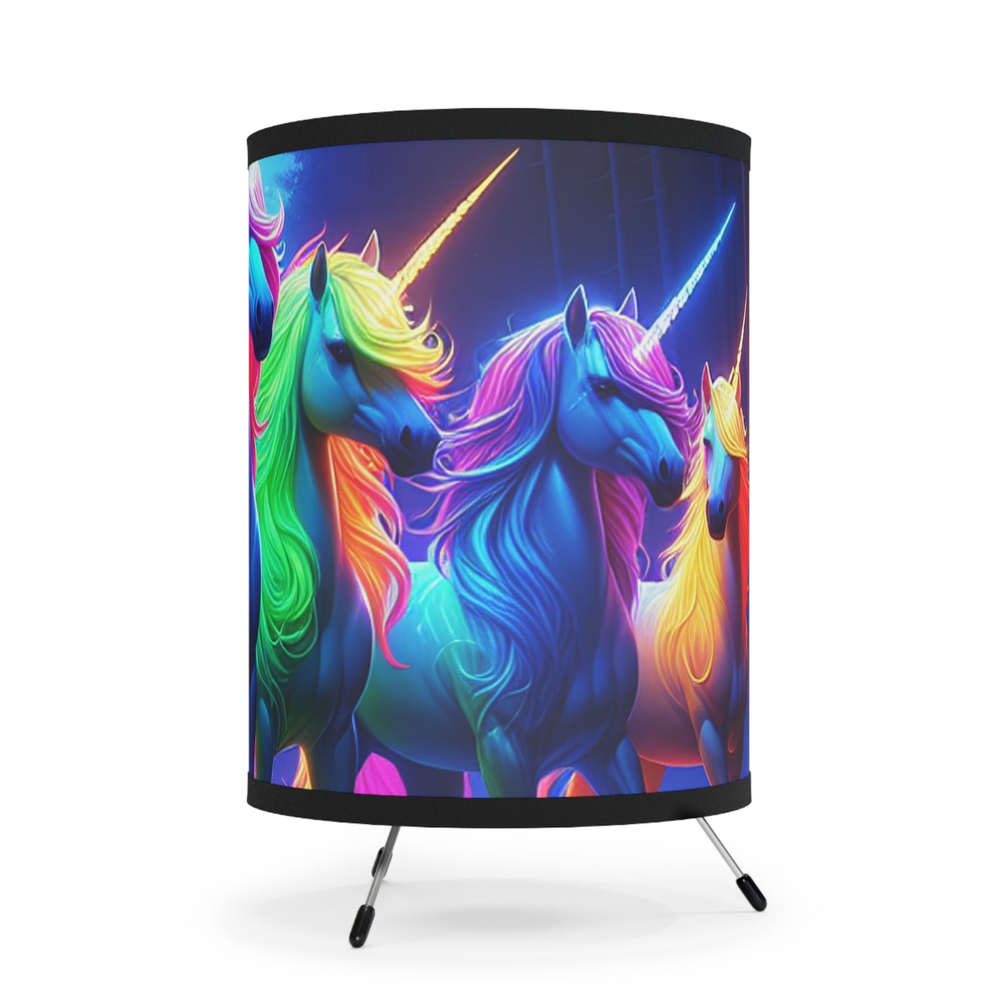 "Neon Unicorn Conclave" - NEON Unicorns Art Tripod Lamp