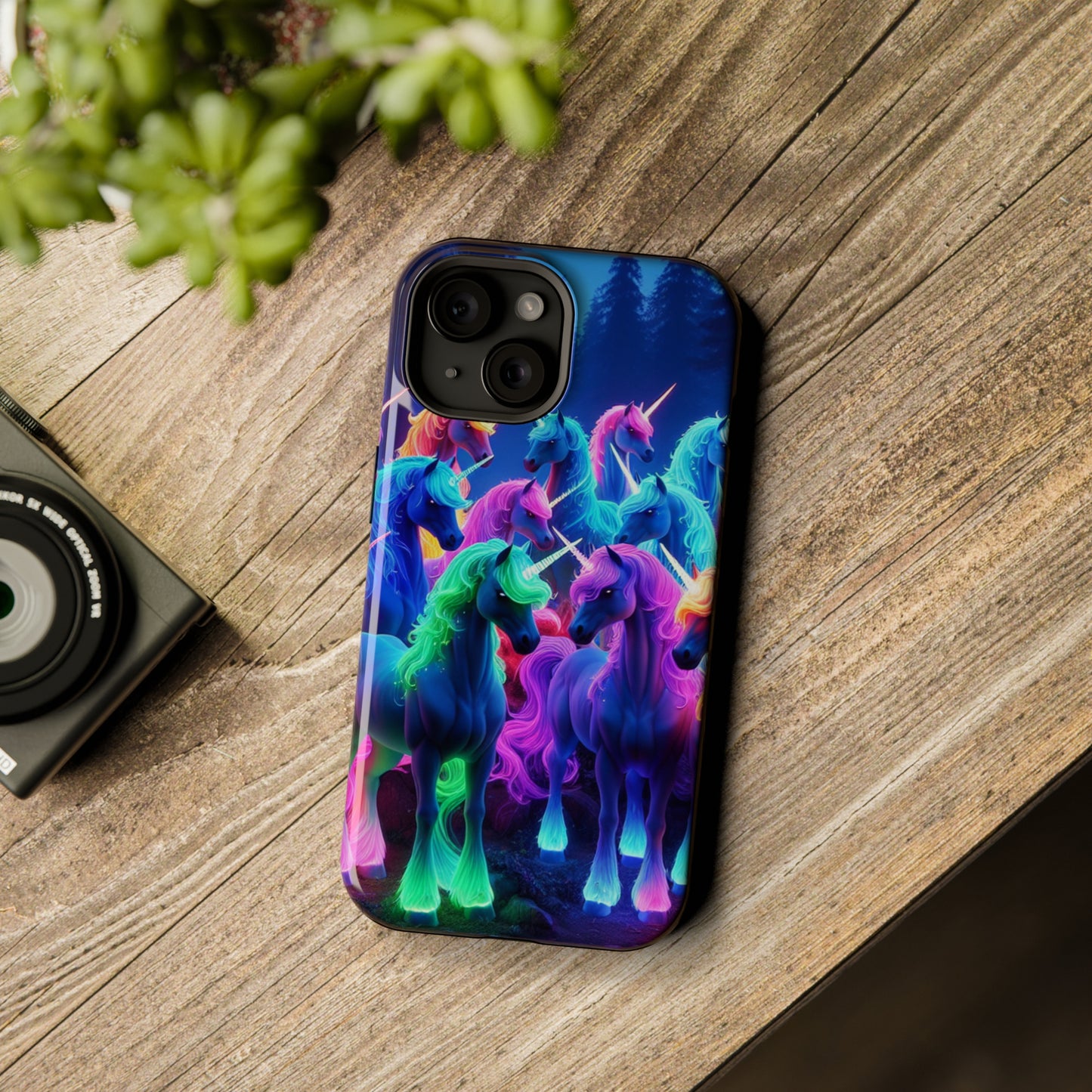 "Neon Fantasyland" Neon Unicorns Premium Art Magsafe Magnet Tough IPhone 13 14 15 Pro Plus Max and Mini in Matte and Glossy Phone cases