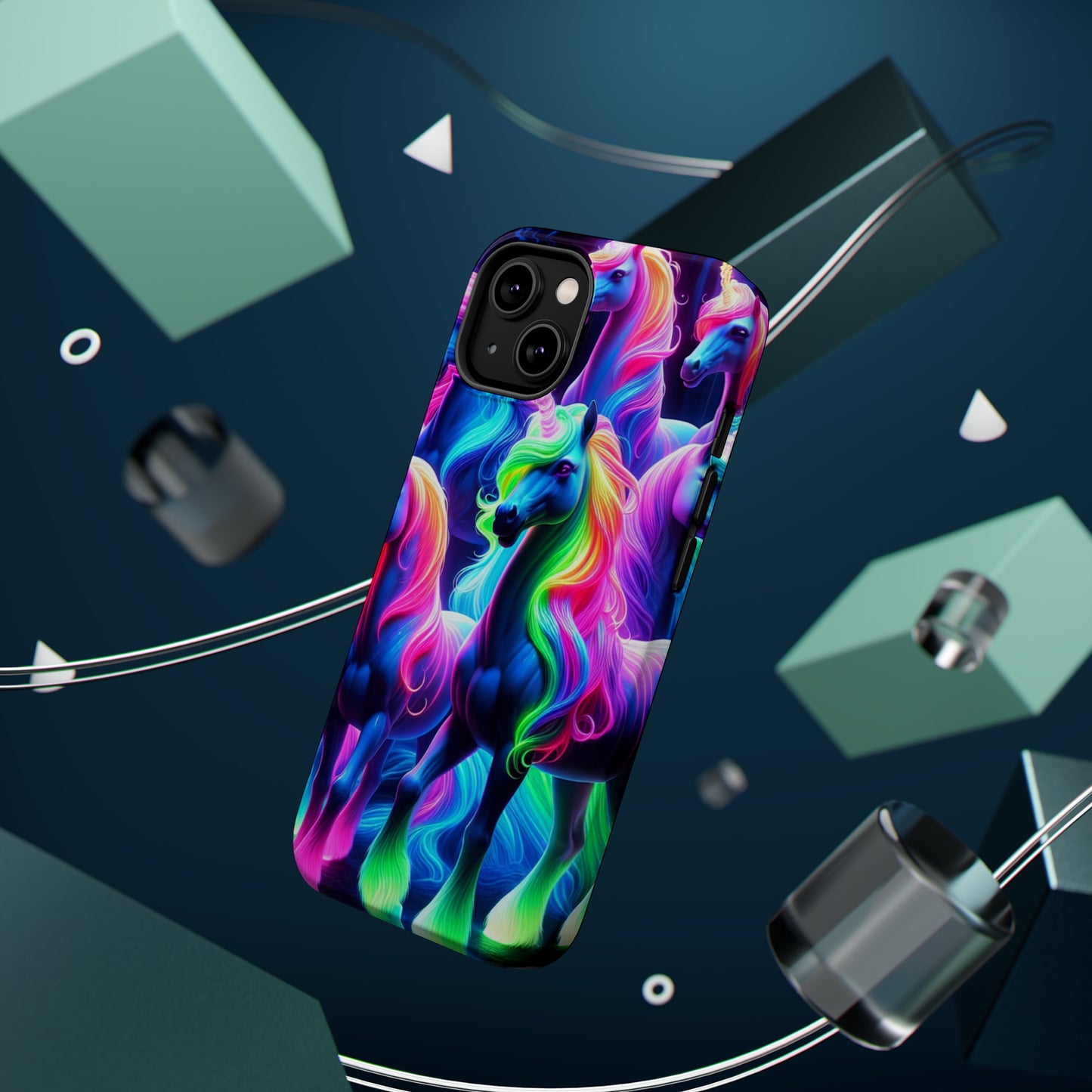 Neon Magic Skies - Unicorn Gang. Neon Unicorns Premium Art Magsafe Magnet Tough IPhone 13 14 15 Pro Plus Max and Mini in Matte and Glossy Phone cases