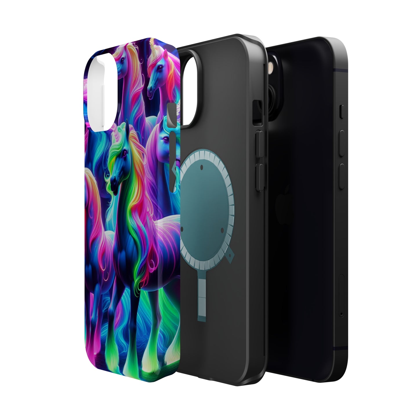 Neon Magic Skies - Unicorn Gang. Neon Unicorns Premium Art Magsafe Magnet Tough IPhone 13 14 15 Pro Plus Max and Mini in Matte and Glossy Phone cases