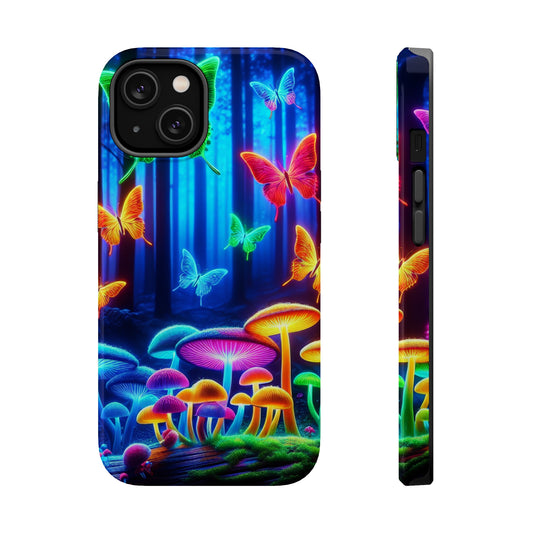 "Neon Garden Delight" Neon Butterflies and Mushrooms Premium Art Magsafe Magnet Tough IPhone 13 14 15 Pro Plus Max and Mini in Matte and Glossy Phone cases