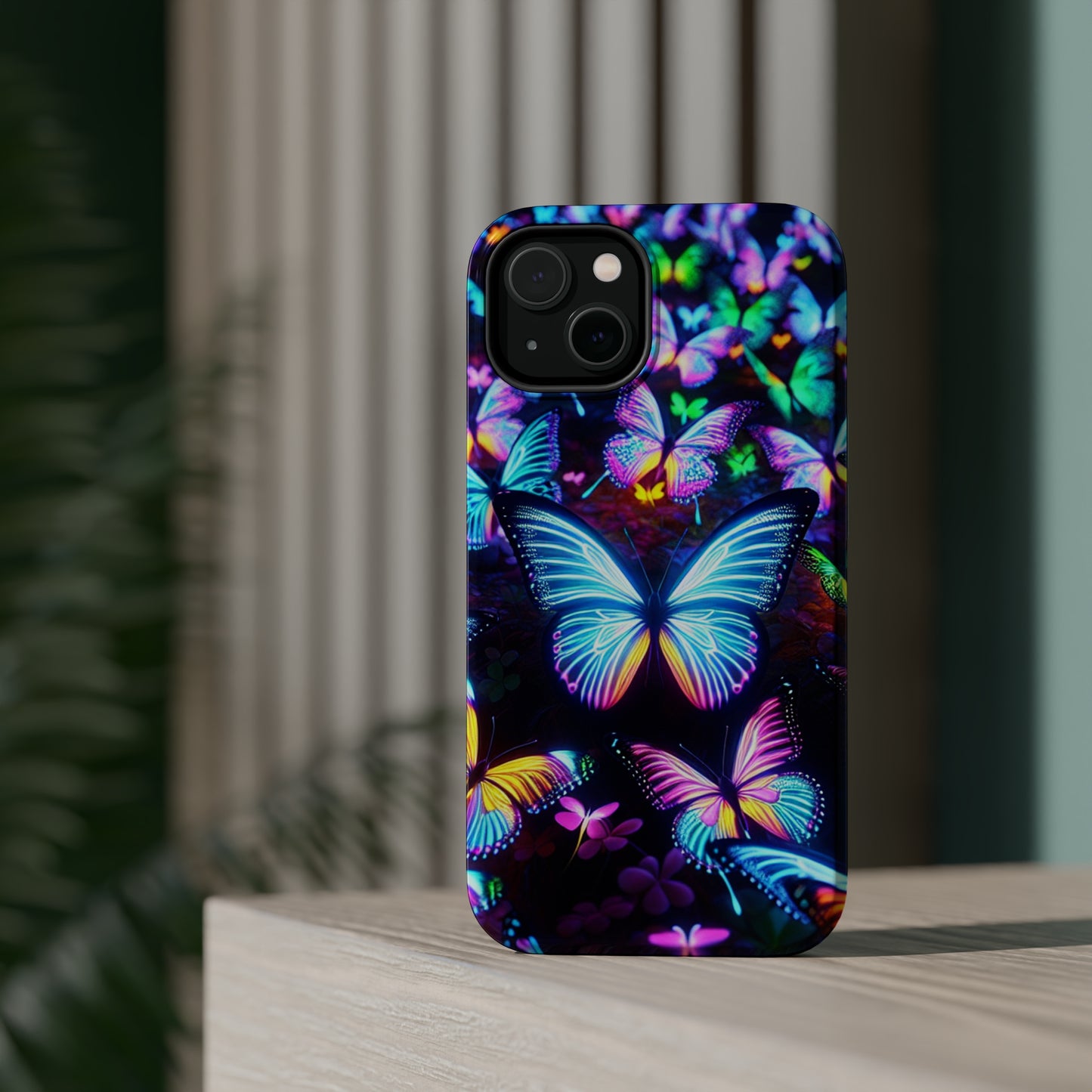 "Neon Butterflies in the Night Sky" Neon Butterflies Premium Art Magsafe Magnet Tough IPhone 13 14 15 Pro Plus Max and Mini in Matte and Glossy Phone cases