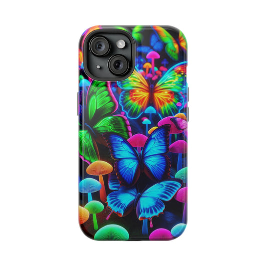 "Fantastic Fruition" Neon Butterflies and Mushrooms Premium Art Magsafe Magnet Tough IPhone 13 14 15 Pro Plus Max and Mini in Matte and Glossy Phone cases